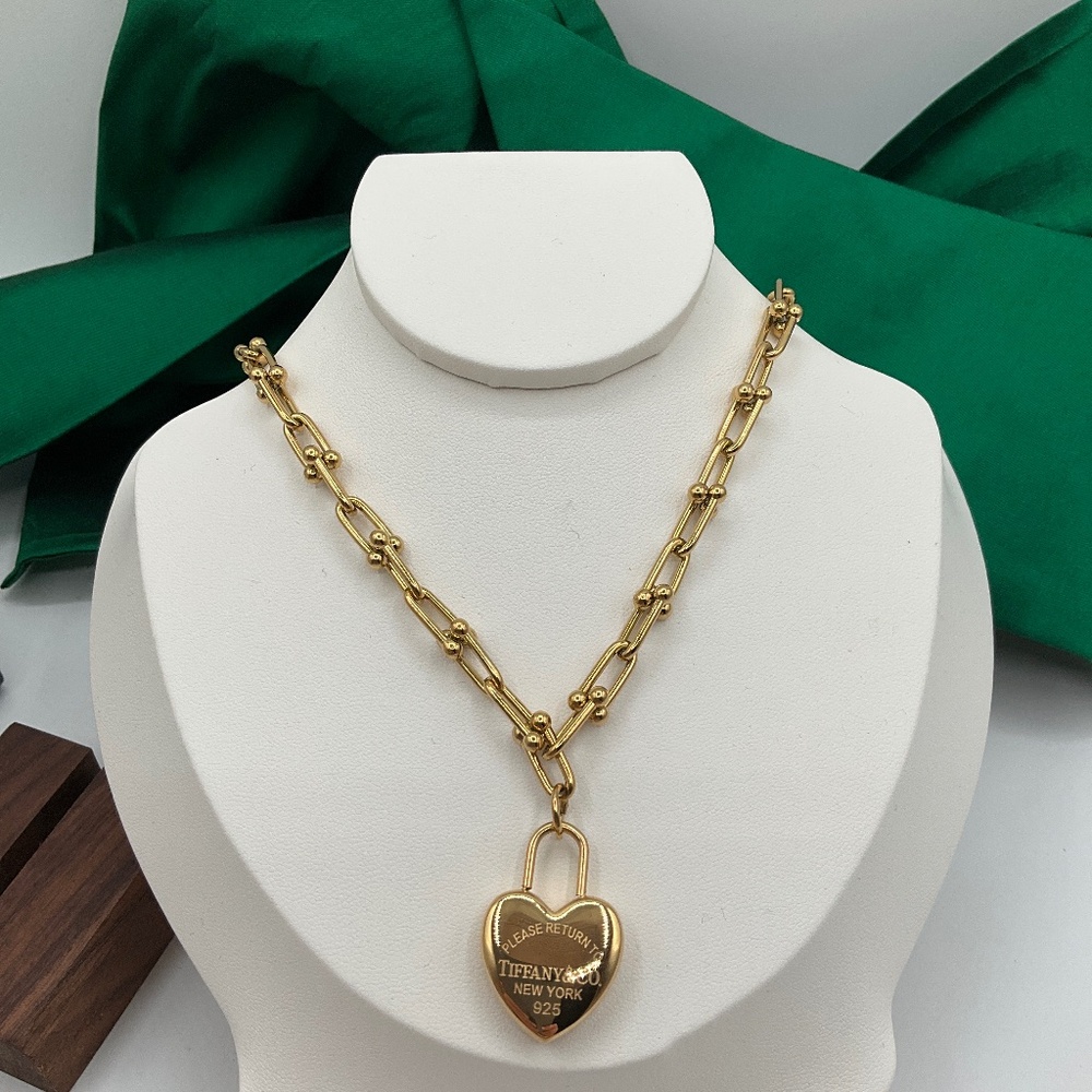 Gold Heart Padlock Link Necklace with Ball-Accented Chain